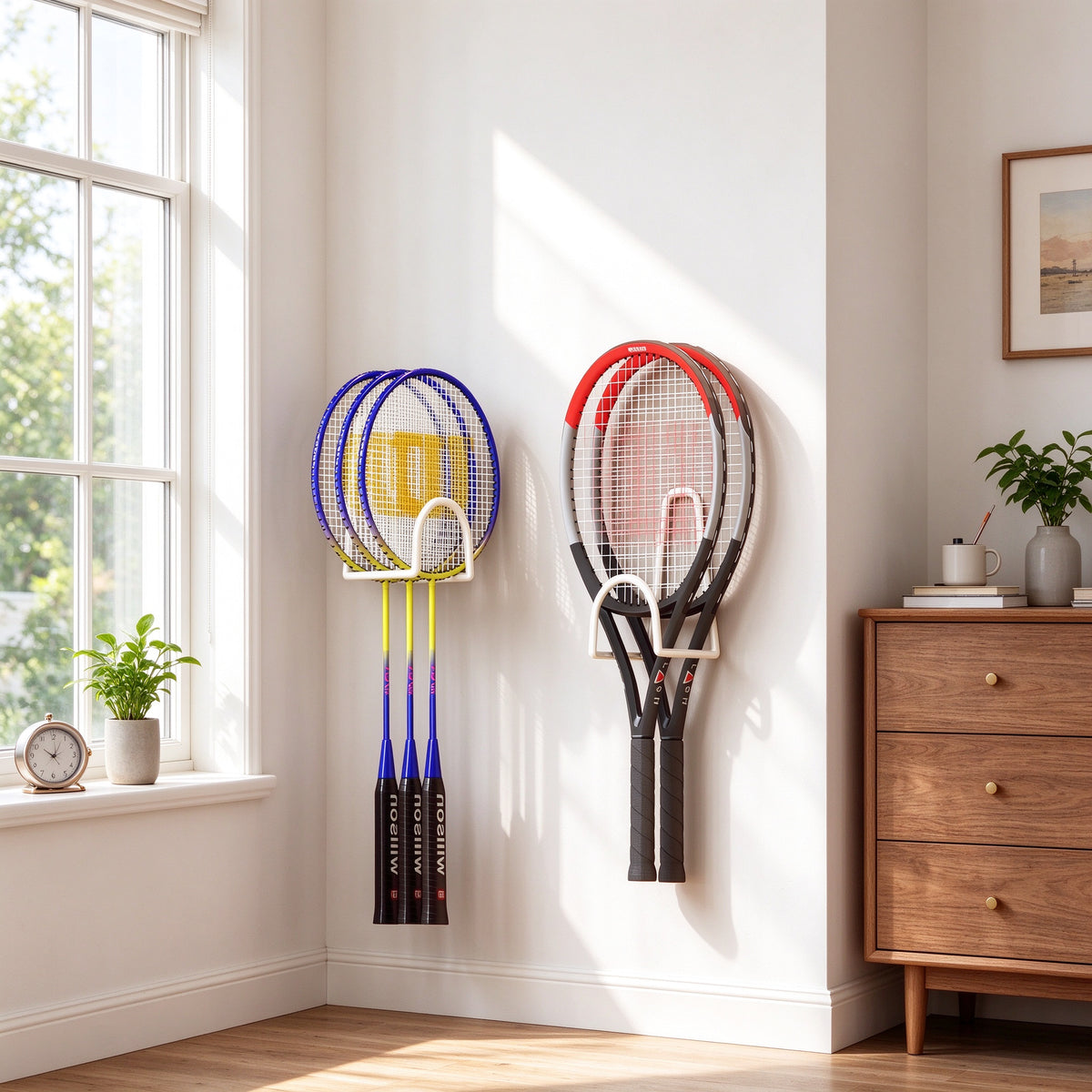 Racket Wall Hook, No-Drill Holder, 4.7 in Tall, 2 or 3 Pack