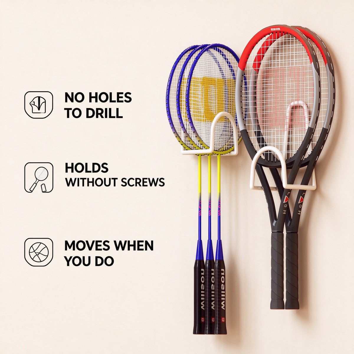 Racket Wall Hook, No-Drill Holder, 4.7 in Tall, 2 or 3 Pack