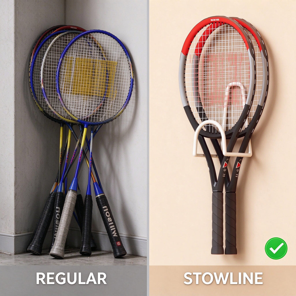 Racket Wall Hook, No-Drill Holder, 4.7 in Tall, 2 or 3 Pack