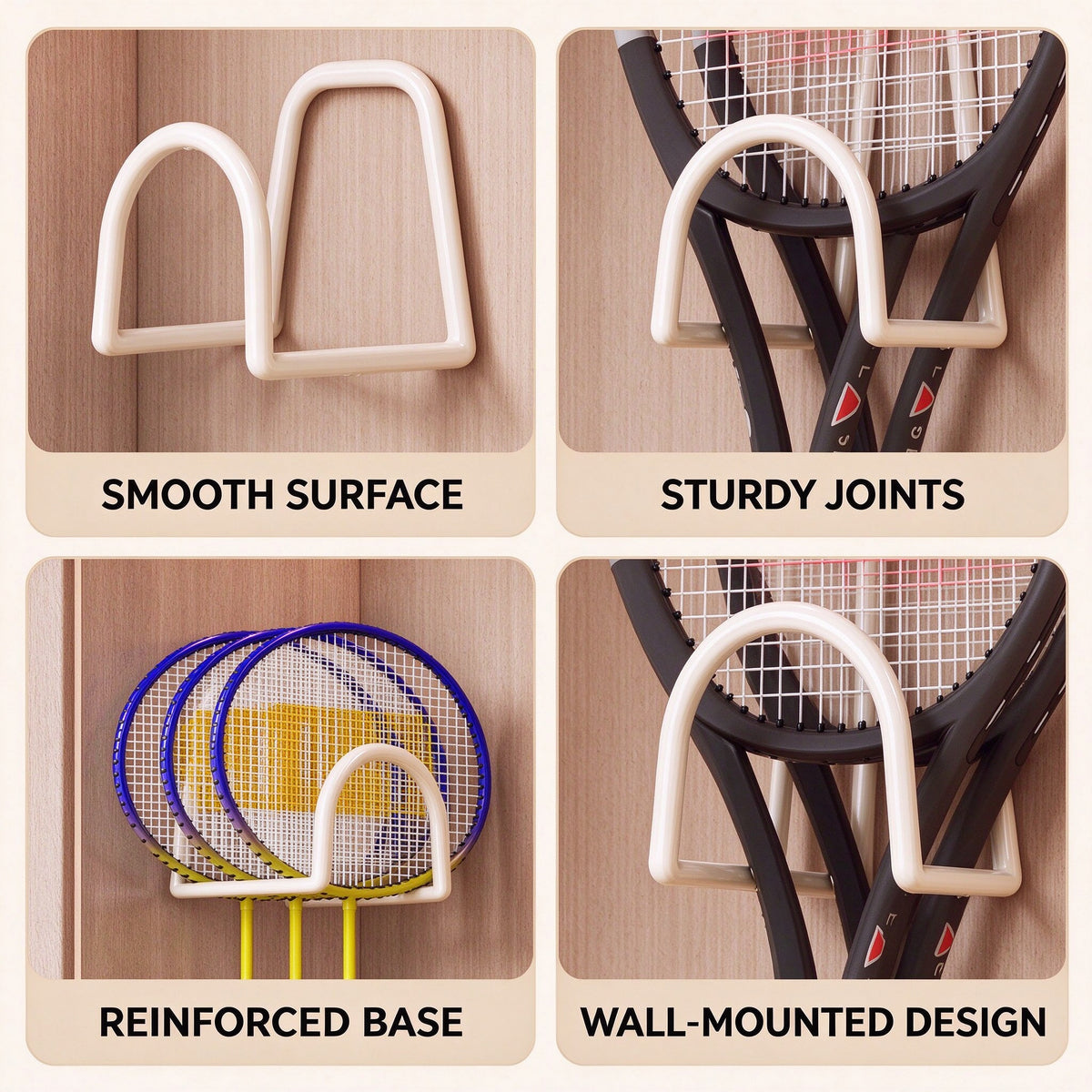 Racket Wall Hook, No-Drill Holder, 4.7 in Tall, 2 or 3 Pack