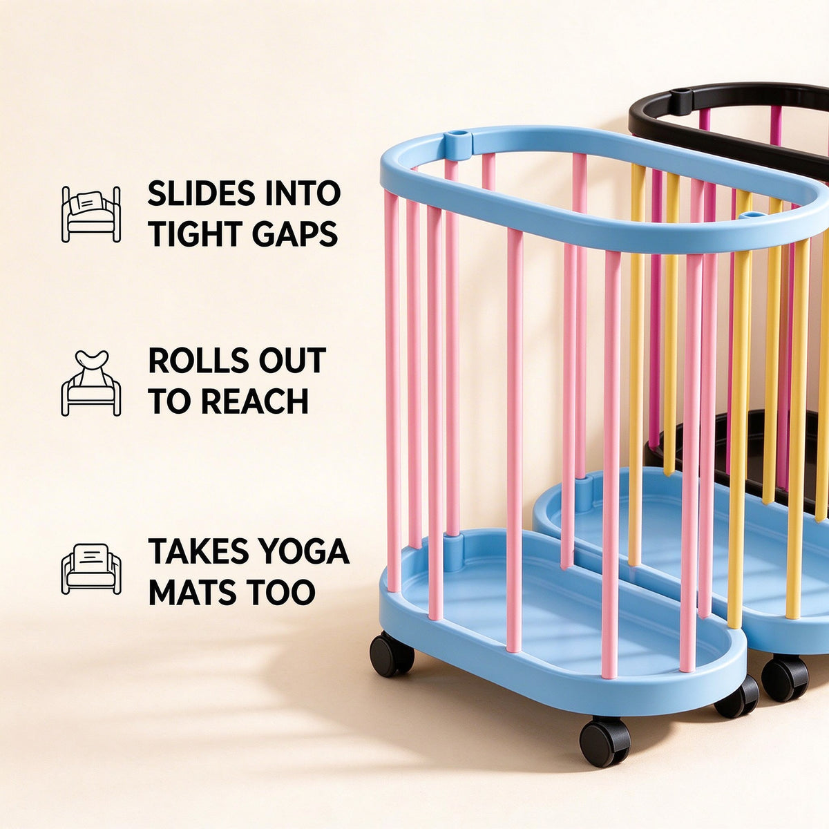 Rolling Storage Basket for Yoga Mats and Laundry, 9.8 or 11.8 in Wide