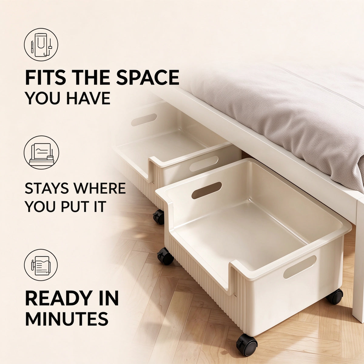 Rolling Under-Bed Storage Bin, PP, 4 Casters, 13.8 or 17.7 in