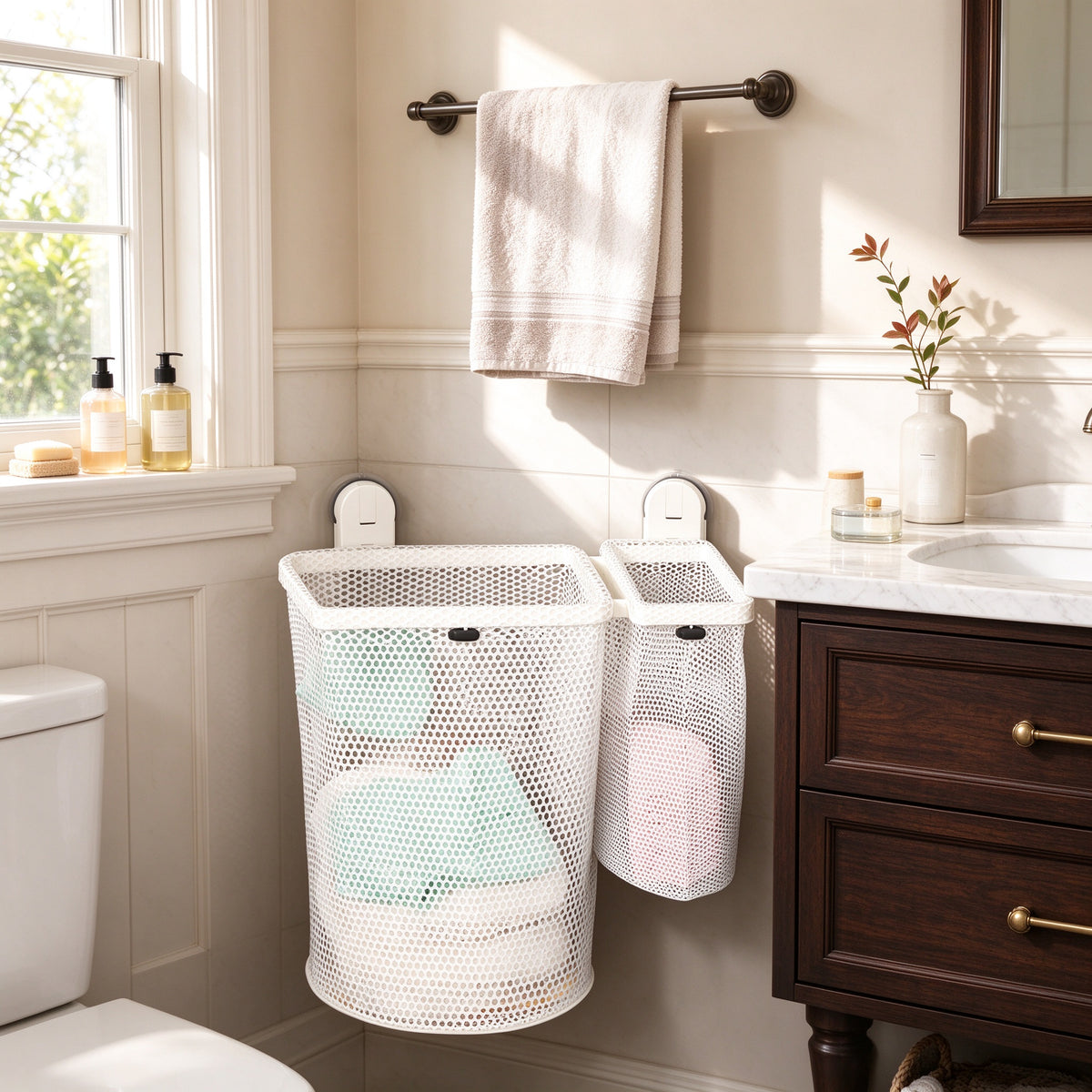 No-Drill Suction Cup Laundry Hamper, 20.1 in, Steel Mesh, Two Sizes
