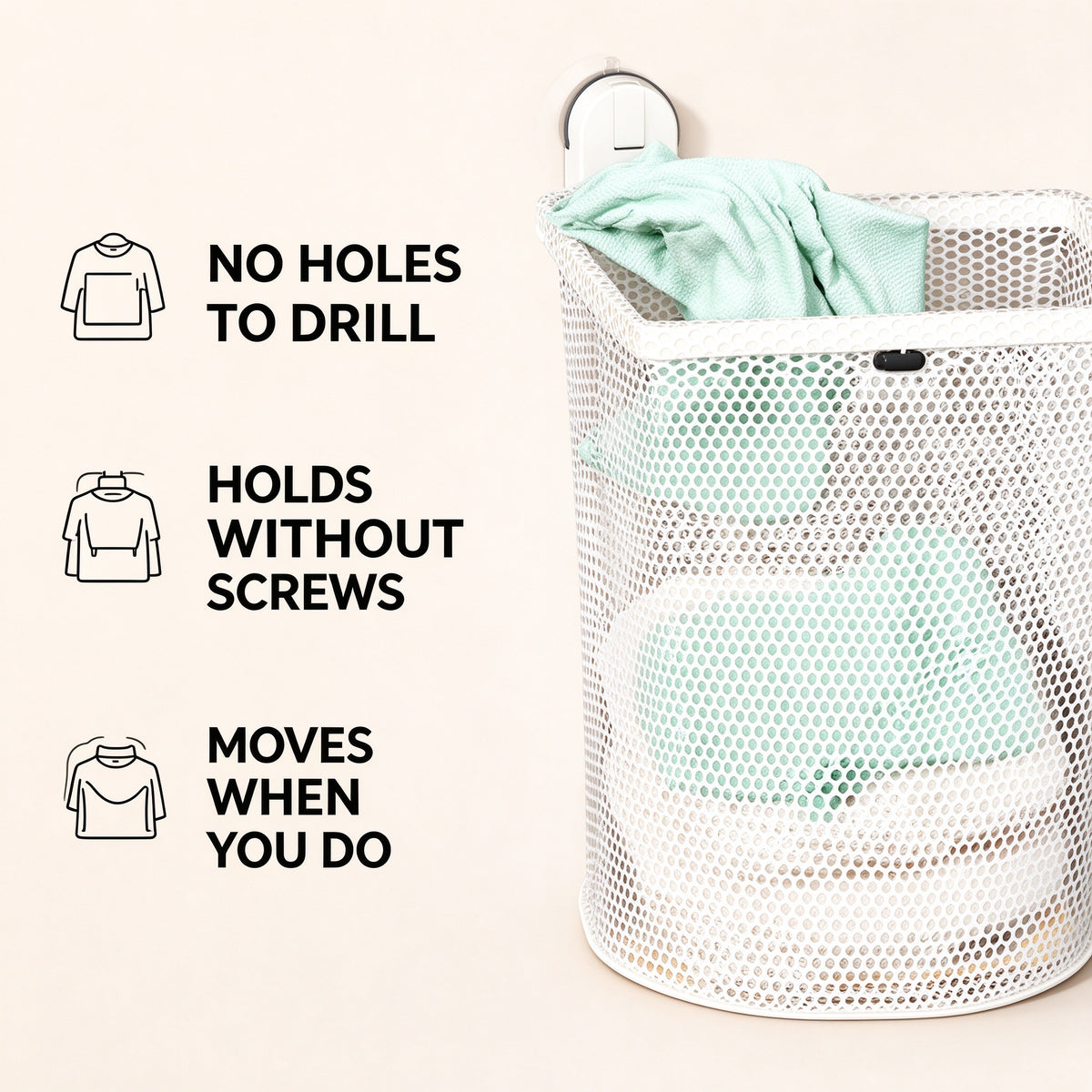 No-Drill Suction Cup Laundry Hamper, 20.1 in, Steel Mesh, Two Sizes