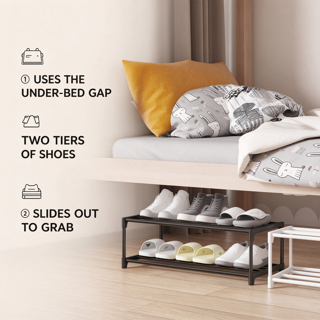 Under-Bed Shoe Rack, 2 Tier, 8.3 in Tall, 18.1 to 29.5 in Wide