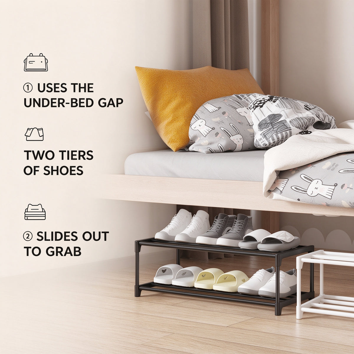 Under-Bed Shoe Rack, 2 Tier, 8.3 in Tall, 18.1 to 29.5 in Wide