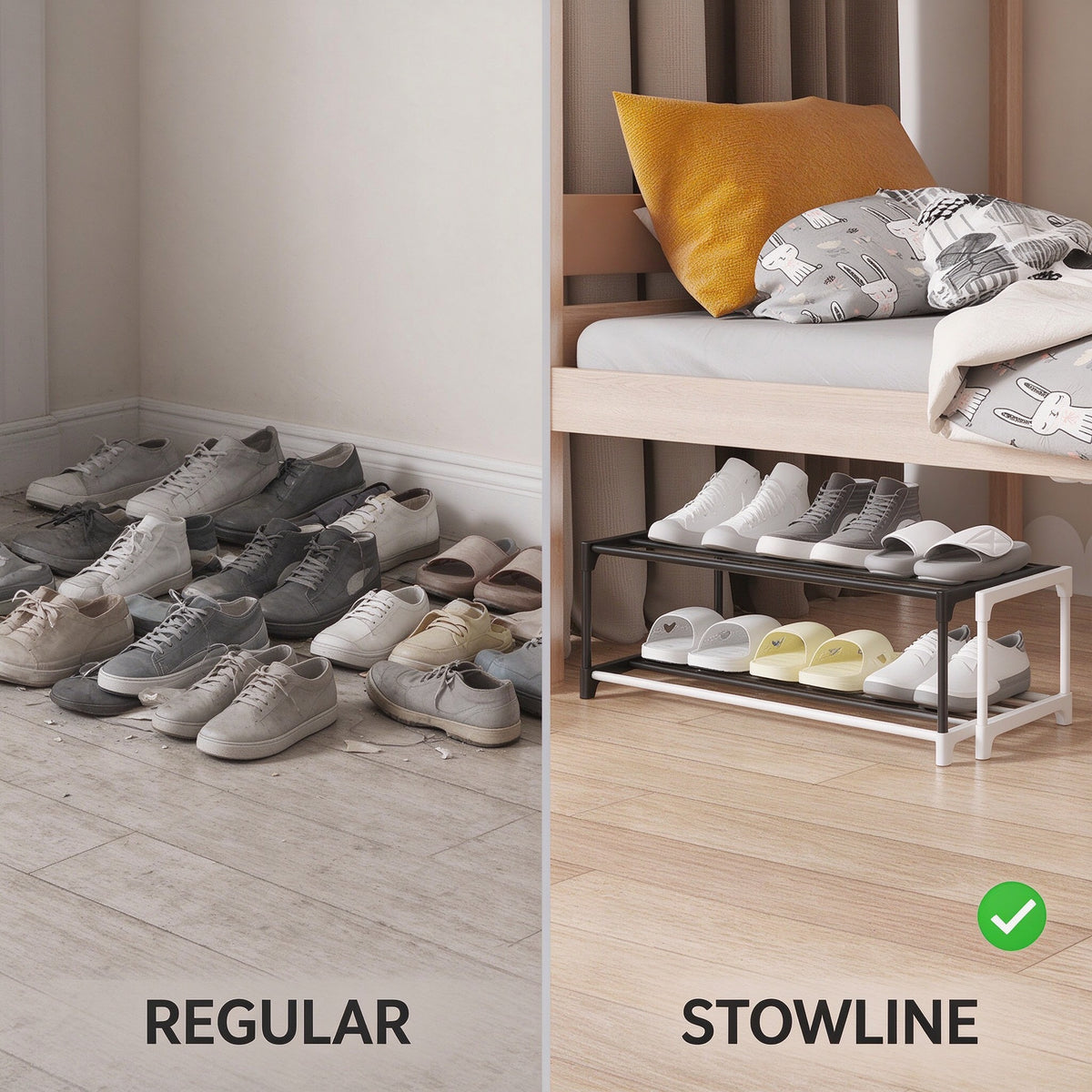 Under-Bed Shoe Rack, 2 Tier, 8.3 in Tall, 18.1 to 29.5 in Wide