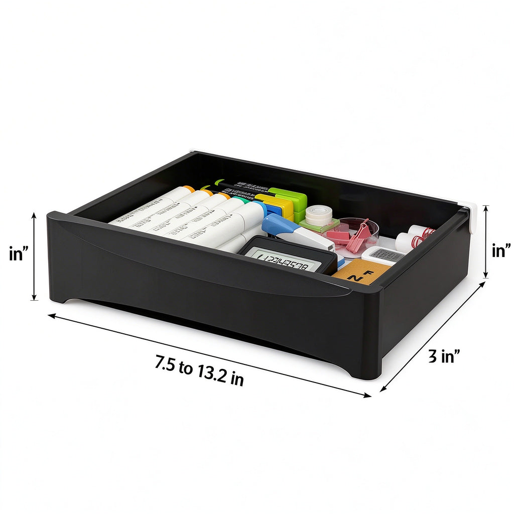 Under-Desk Drawer, No-Drill Adhesive, 7.5 to 13.2 in Wide, Pull-Out