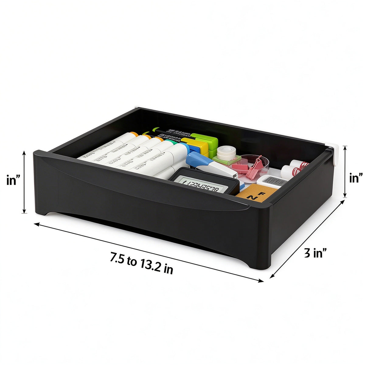 Under-Desk Drawer, No-Drill Adhesive, 7.5 to 13.2 in Wide, Pull-Out