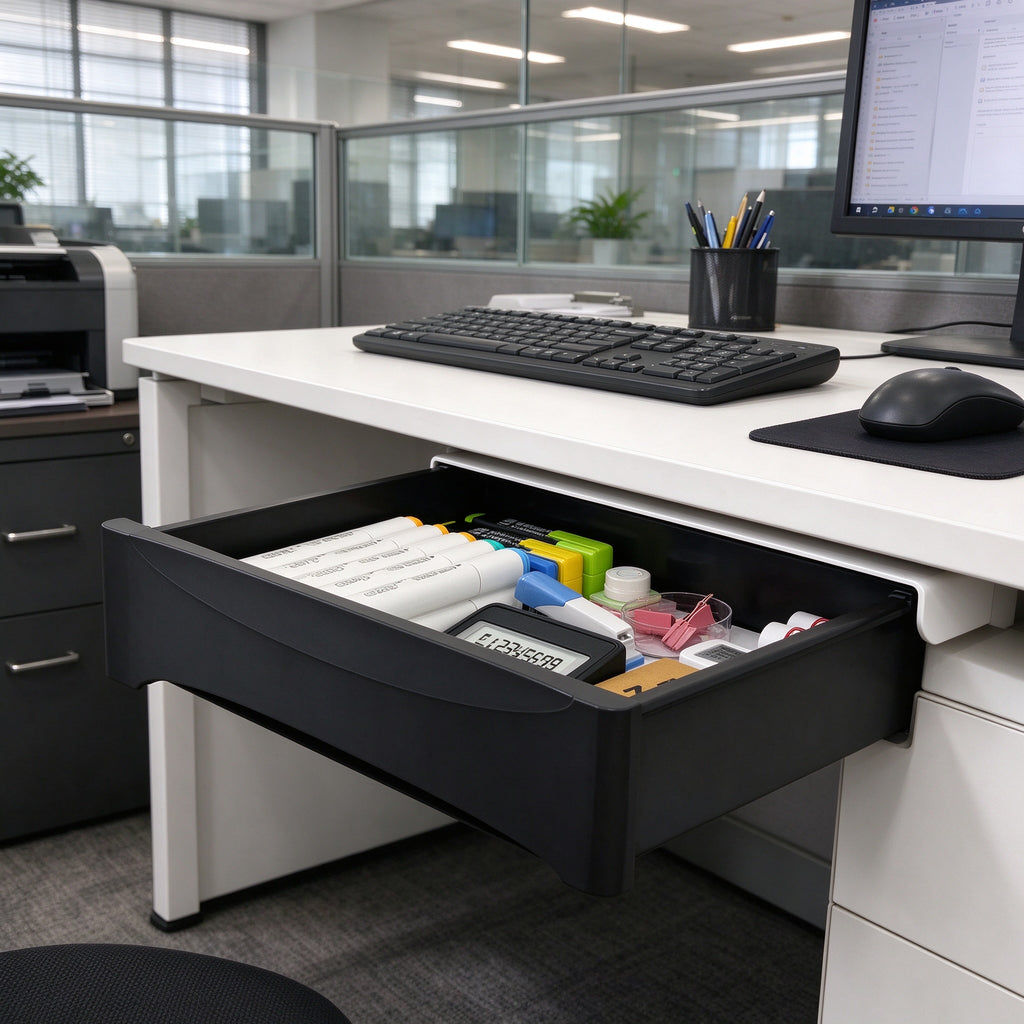 Under-Desk Drawer, No-Drill Adhesive, 7.5 to 13.2 in Wide, Pull-Out