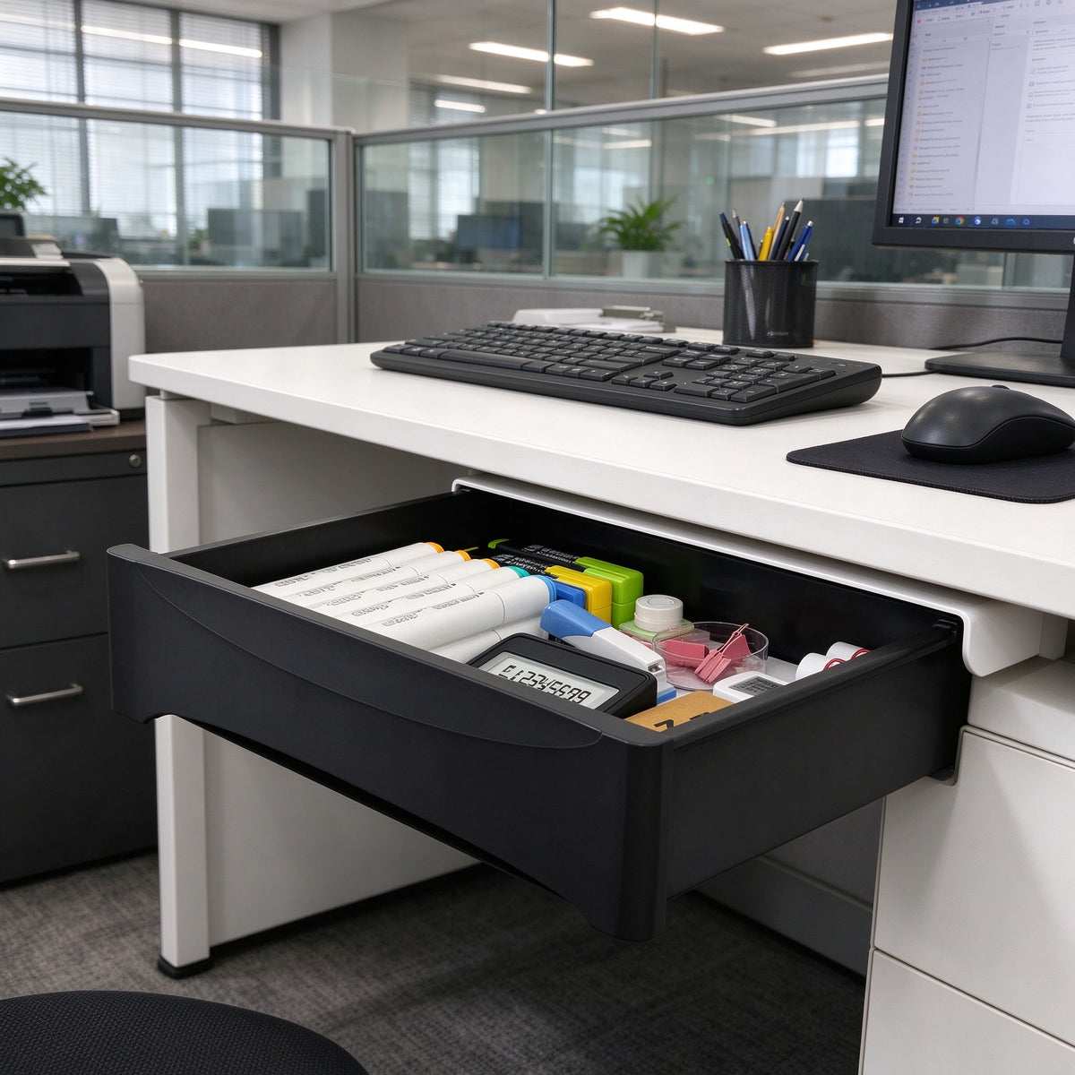 Under-Desk Drawer, No-Drill Adhesive, 7.5 to 13.2 in Wide, Pull-Out