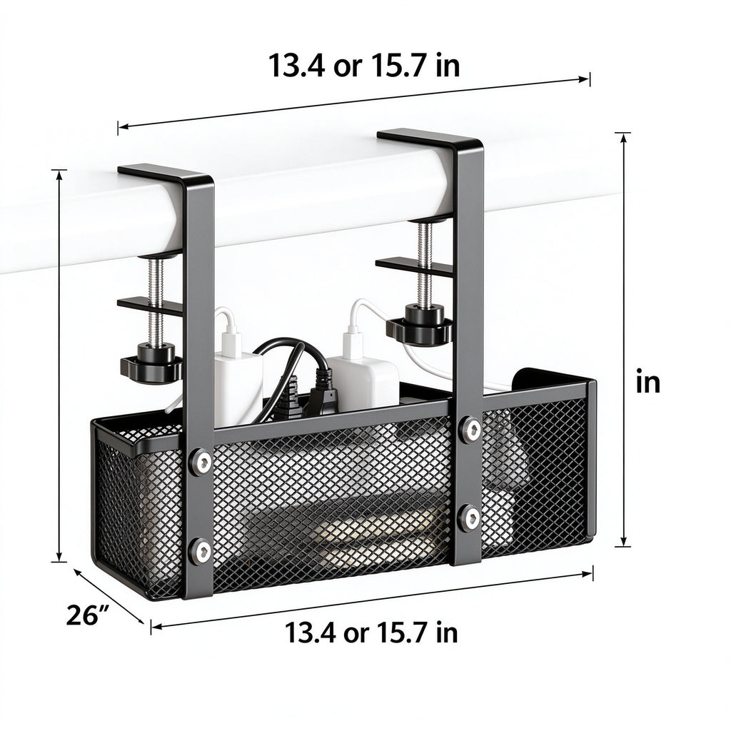 Under-Desk Cable Tray, 13.4 or 15.7 in, Steel Mesh, No Drilling
