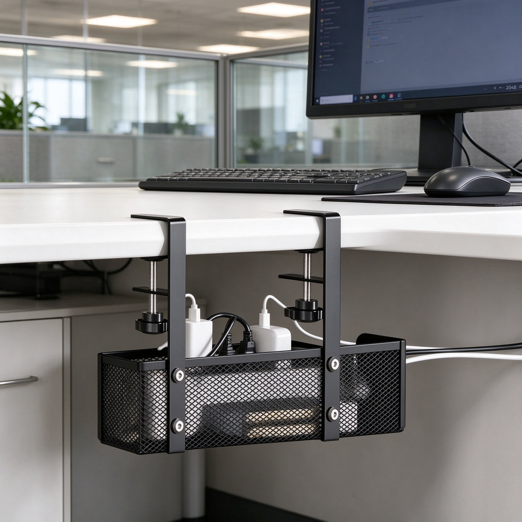 Under-Desk Cable Tray, 13.4 or 15.7 in, Steel Mesh, No Drilling