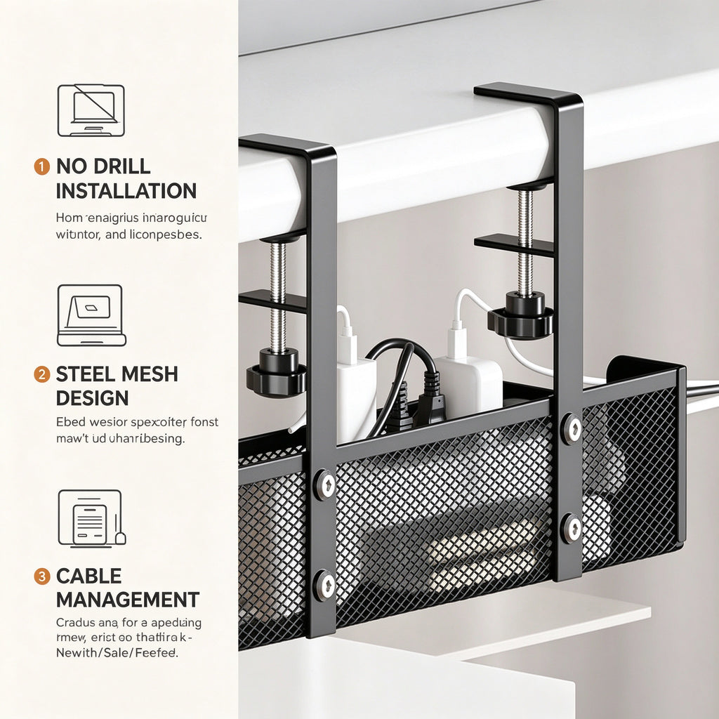 Under-Desk Cable Tray, 13.4 or 15.7 in, Steel Mesh, No Drilling