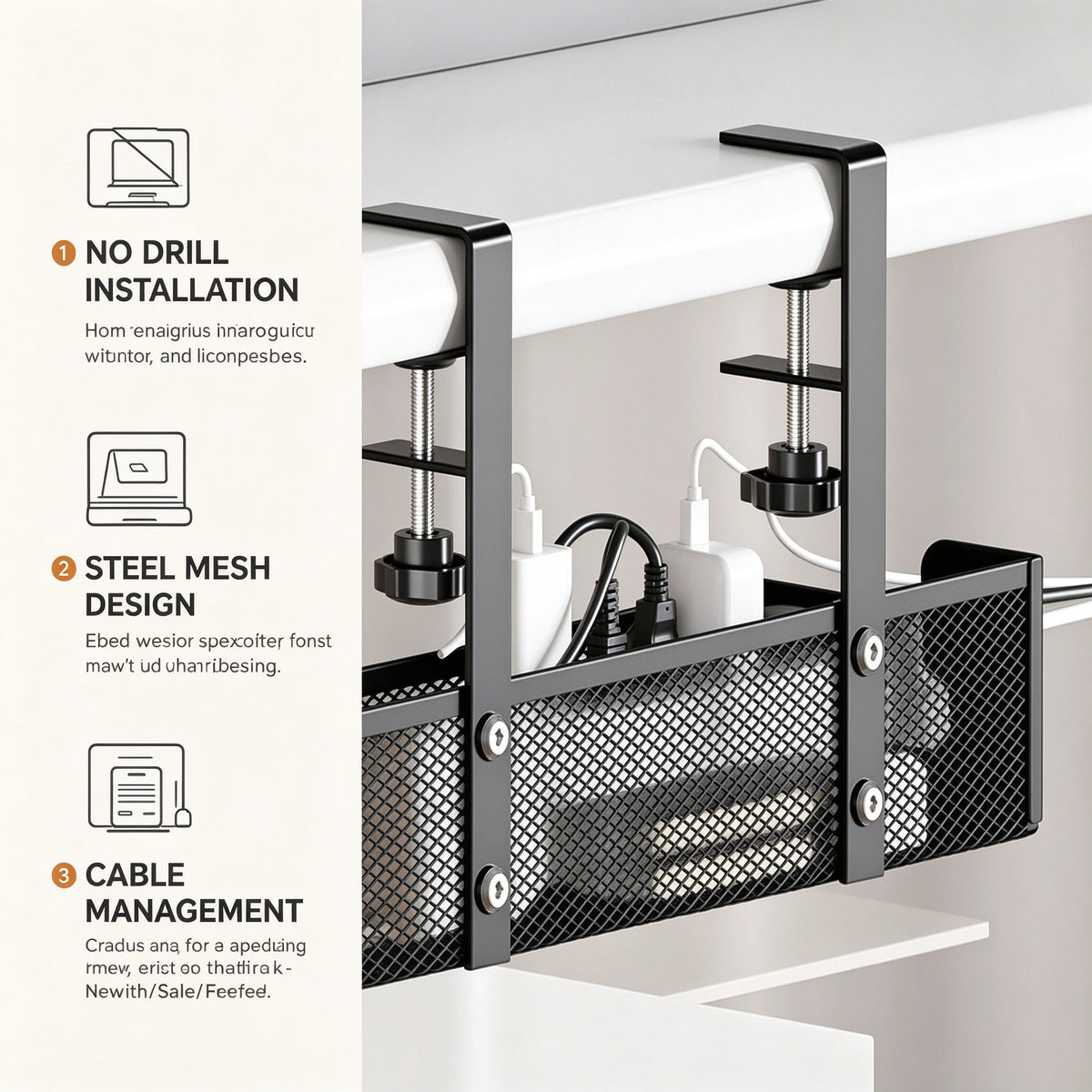 Under-Desk Cable Tray, 13.4 or 15.7 in, Steel Mesh, No Drilling