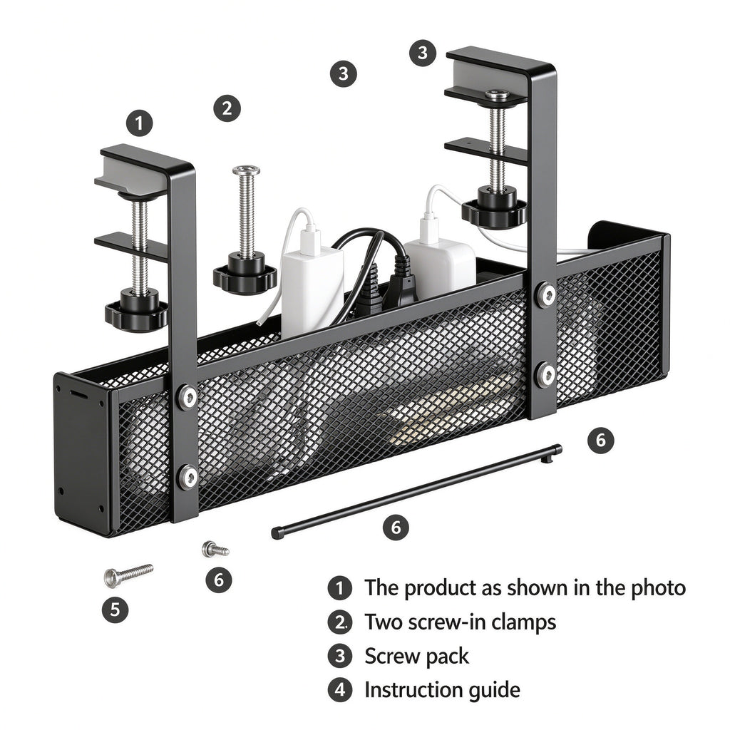 Under-Desk Cable Tray, 13.4 or 15.7 in, Steel Mesh, No Drilling