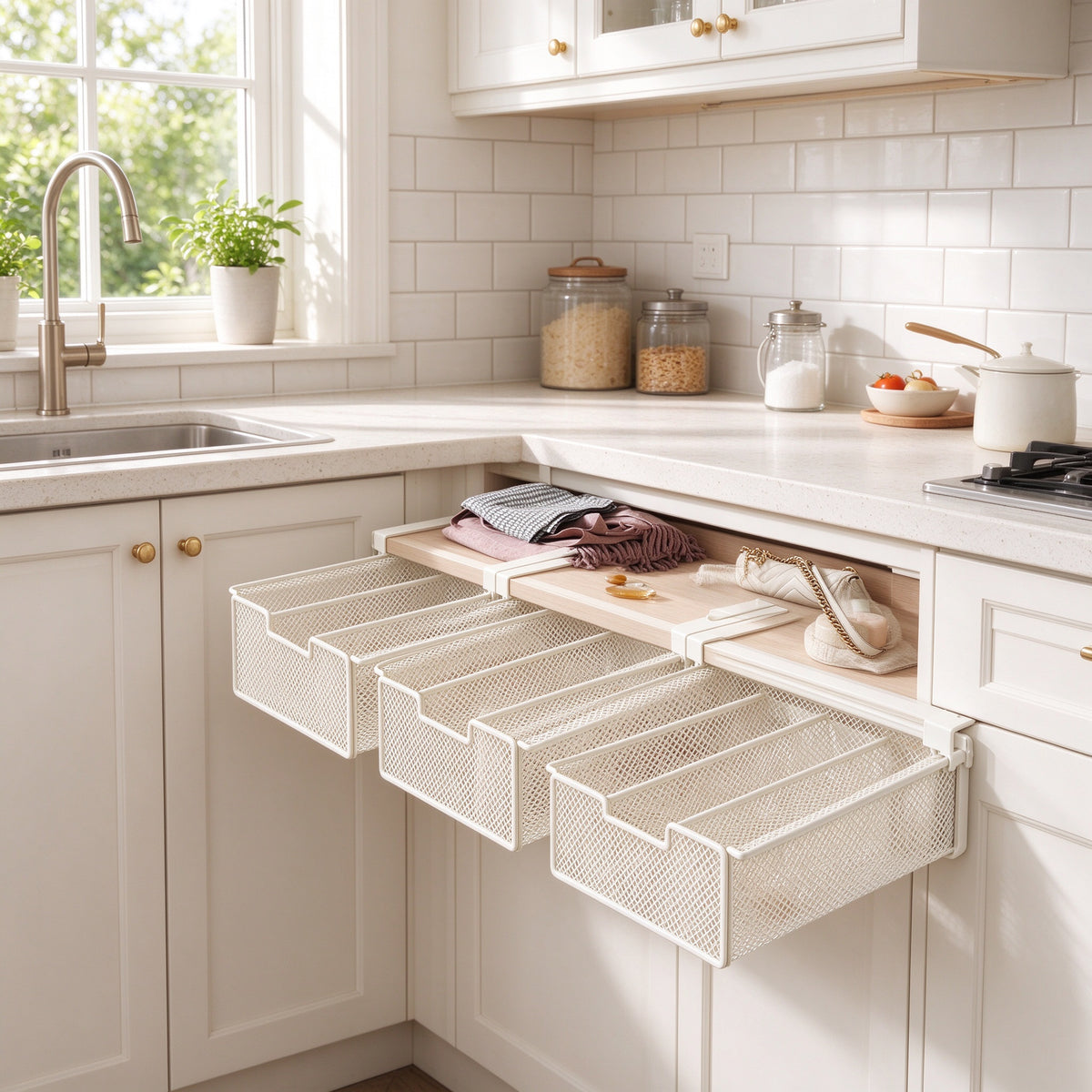 Under-Shelf Pull-Out Drawer, Hooks on the Board, 9.8-17.7 in
