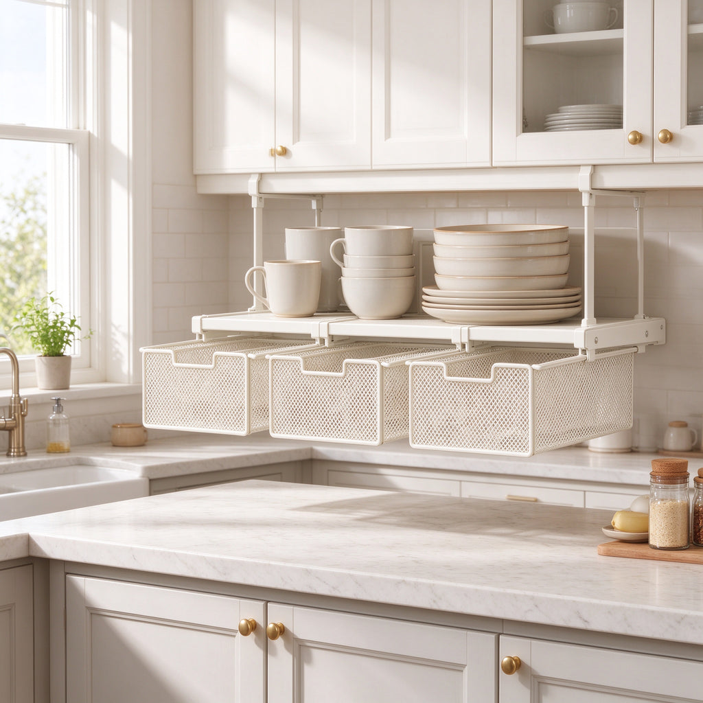 Under-Shelf Pull-Out Drawer, Hooks on the Board, 9.8-17.7 in