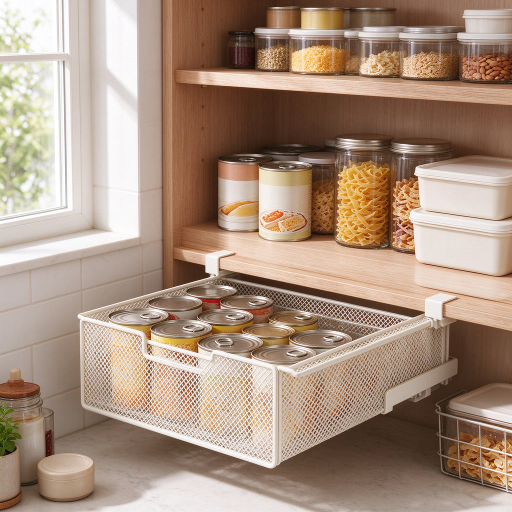 Under-Shelf Pull-Out Drawer, Hooks on the Board, 9.8-17.7 in