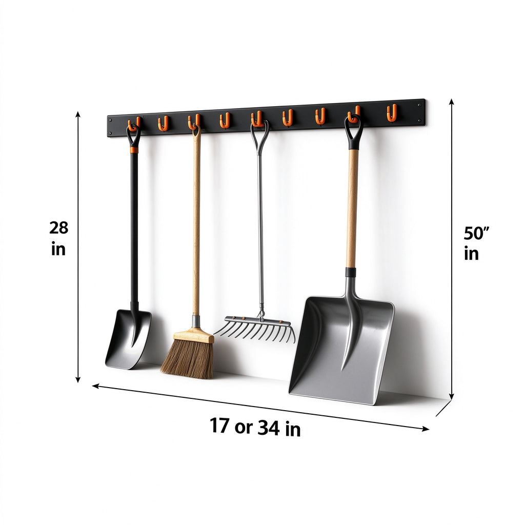 Wall-Mount Tool Rail for Brooms and Mops, 17 or 34 in