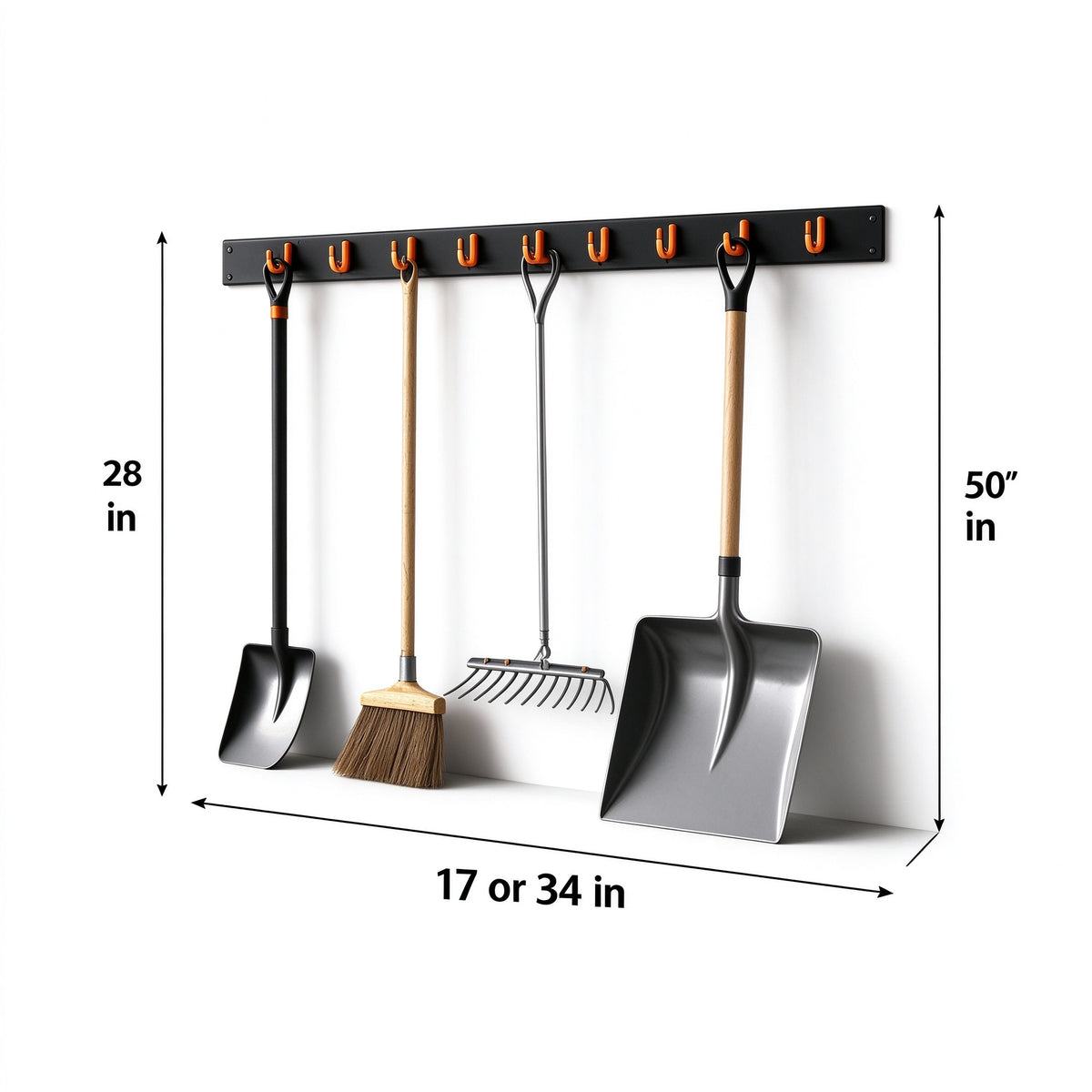 Wall-Mount Tool Rail for Brooms and Mops, 17 or 34 in