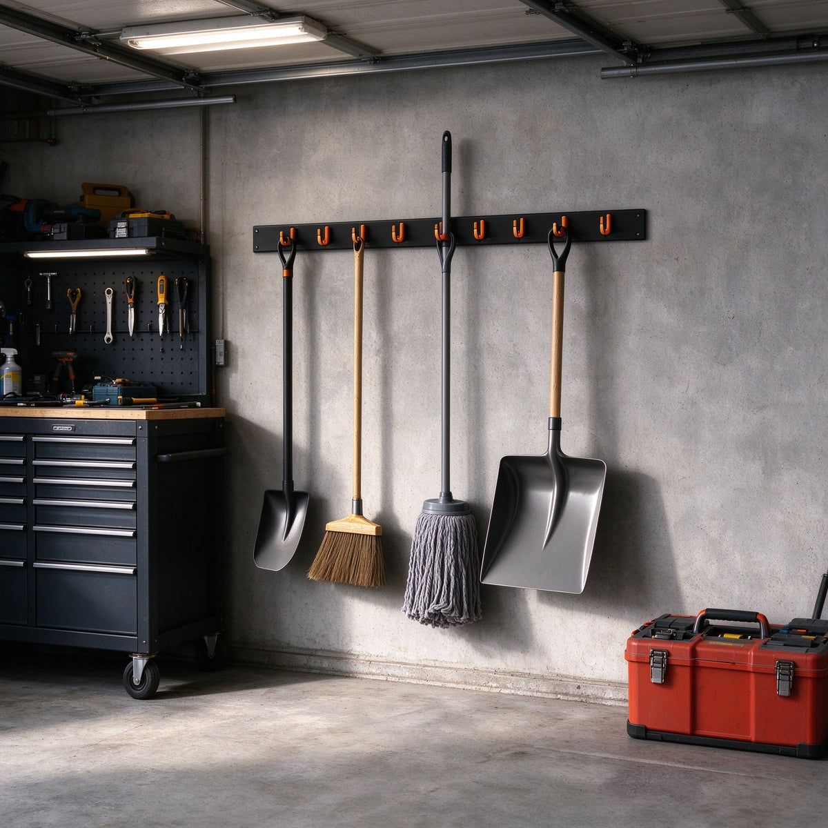 Wall-Mount Tool Rail for Brooms and Mops, 17 or 34 in